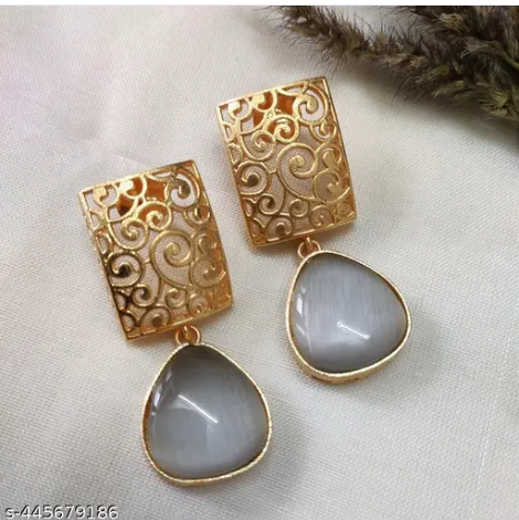 Earring with Grey Monalisa Stone and Square Designer Top