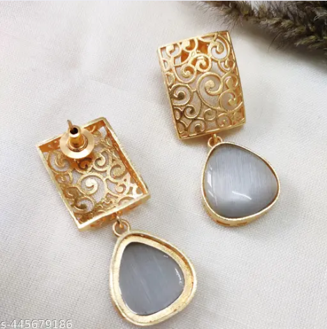 Earring with Grey Monalisa Stone and Square Designer Top